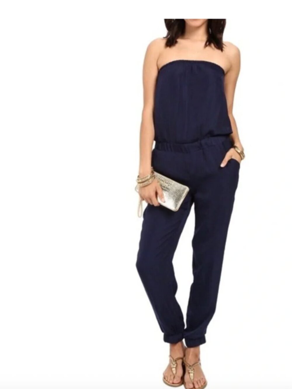 Lilly Pulitzer Emiko Navy Satin Strapless Jumpsuit Size Medium